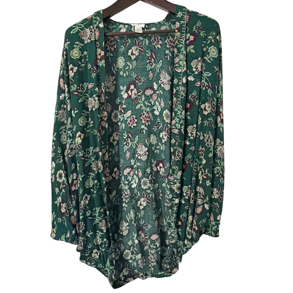 J. Jill Green Floral Kimono Cardigan Top Viscose Rayon S-L Open Front